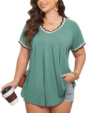 AMCLOS Plus Size Tops for Women T-Shirt With Contrast V-Neck Pleated Short Sleeve Blouses Casual Tunic Summer 2025