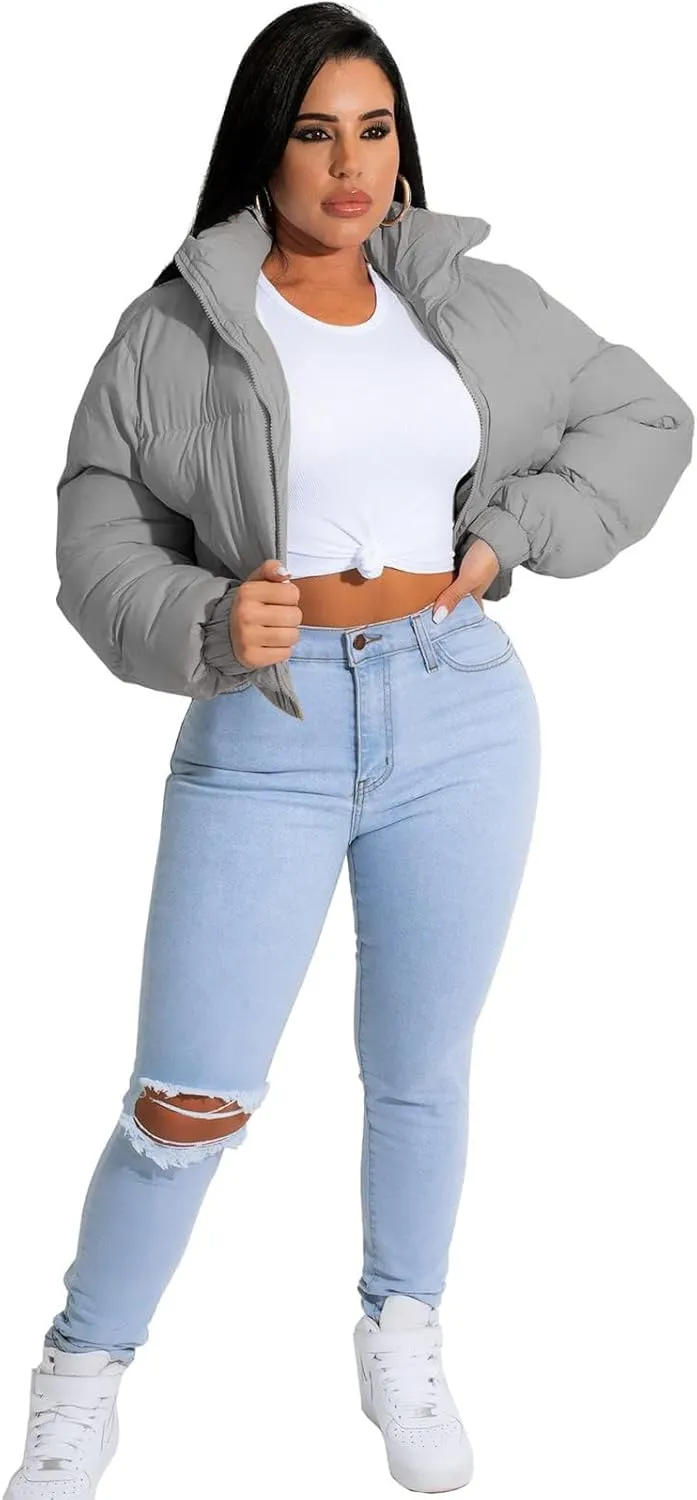 Angsuttc Puffer Jacket Womens Cropped Zip Up Padding Warm Quilted Jackets Winter Coats