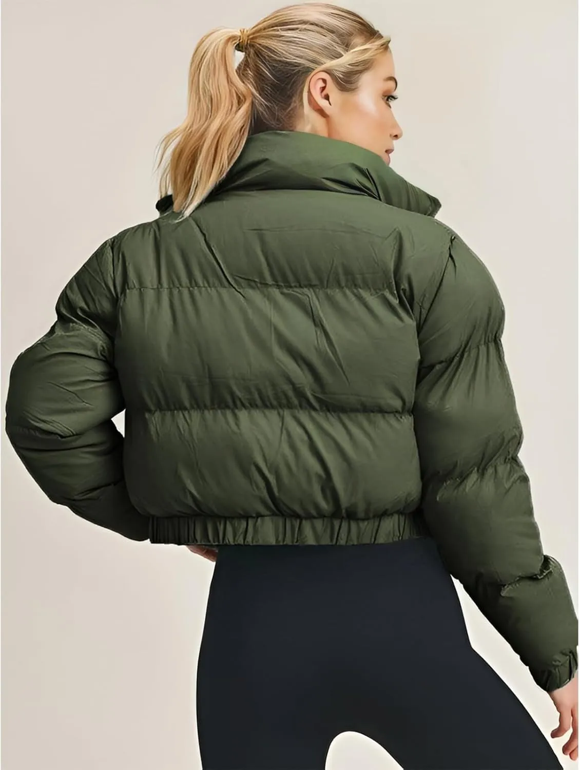 Angsuttc Puffer Jacket Womens Cropped Zip Up Padding Warm Quilted Jackets Winter Coats