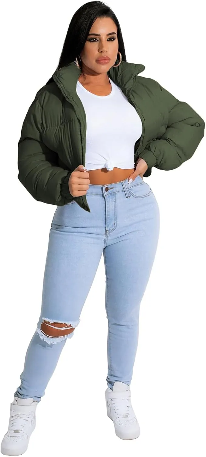 Angsuttc Puffer Jacket Womens Cropped Zip Up Padding Warm Quilted Jackets Winter Coats