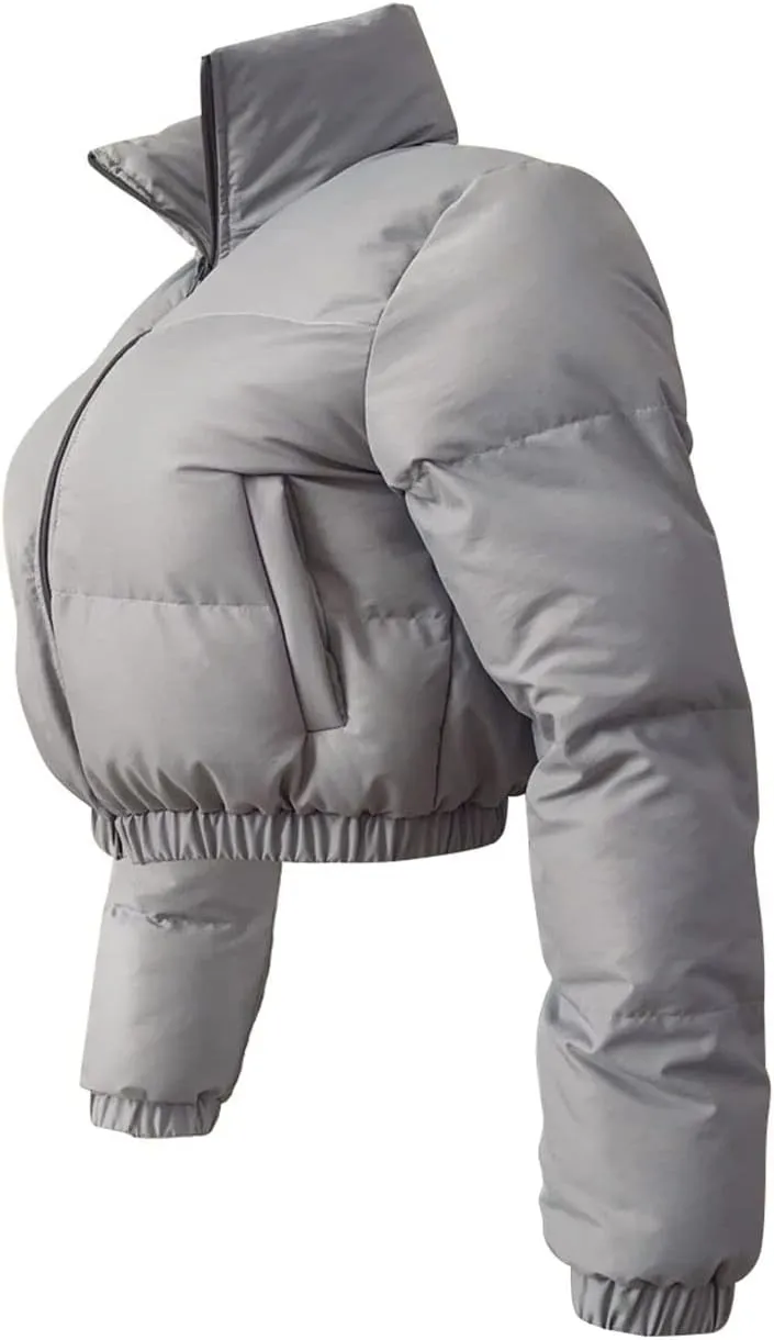 Angsuttc Puffer Jacket Womens Cropped Zip Up Padding Warm Quilted Jackets Winter Coats