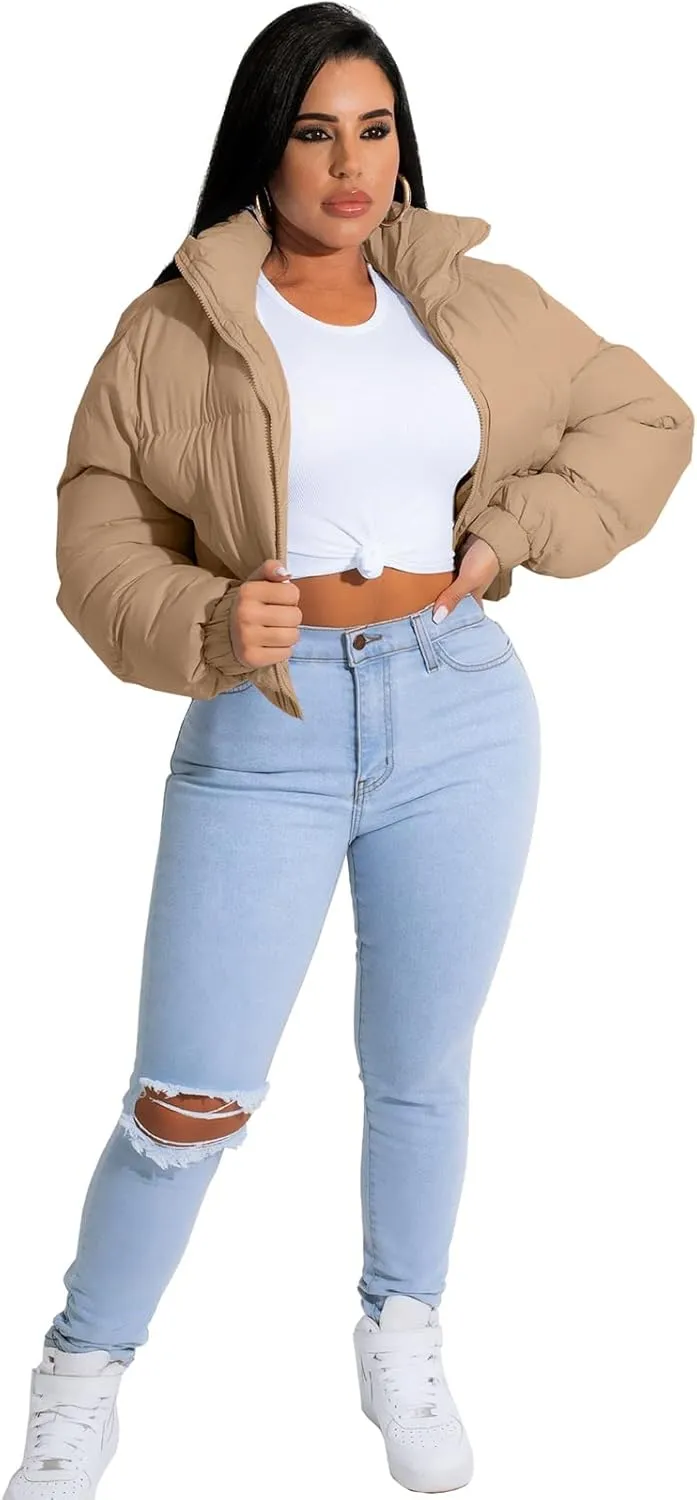Angsuttc Puffer Jacket Womens Cropped Zip Up Padding Warm Quilted Jackets Winter Coats