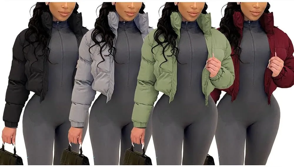Angsuttc Puffer Jacket Womens Cropped Zip Up Padding Warm Quilted Jackets Winter Coats