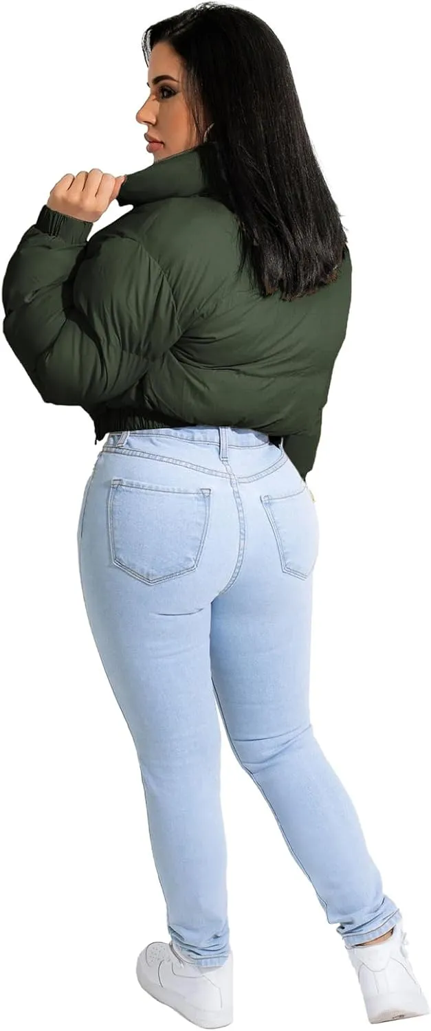 Angsuttc Puffer Jacket Womens Cropped Zip Up Padding Warm Quilted Jackets Winter Coats