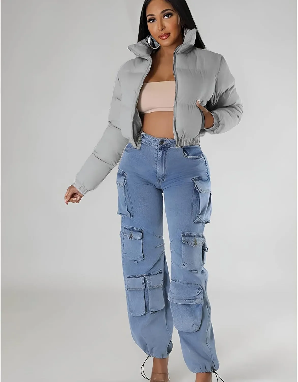 Angsuttc Puffer Jacket Womens Cropped Zip Up Padding Warm Quilted Jackets Winter Coats