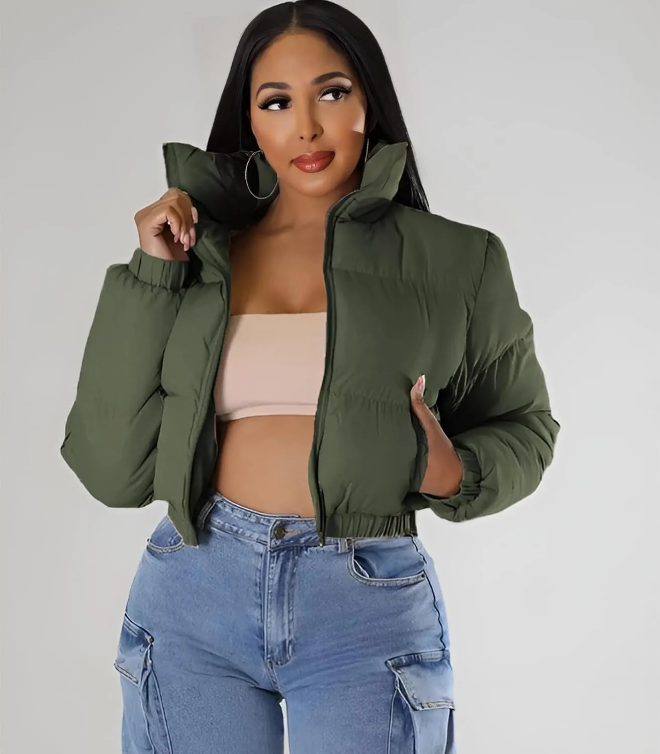 Angsuttc Puffer Jacket Womens Cropped Zip Up Padding Warm Quilted Jackets Winter Coats