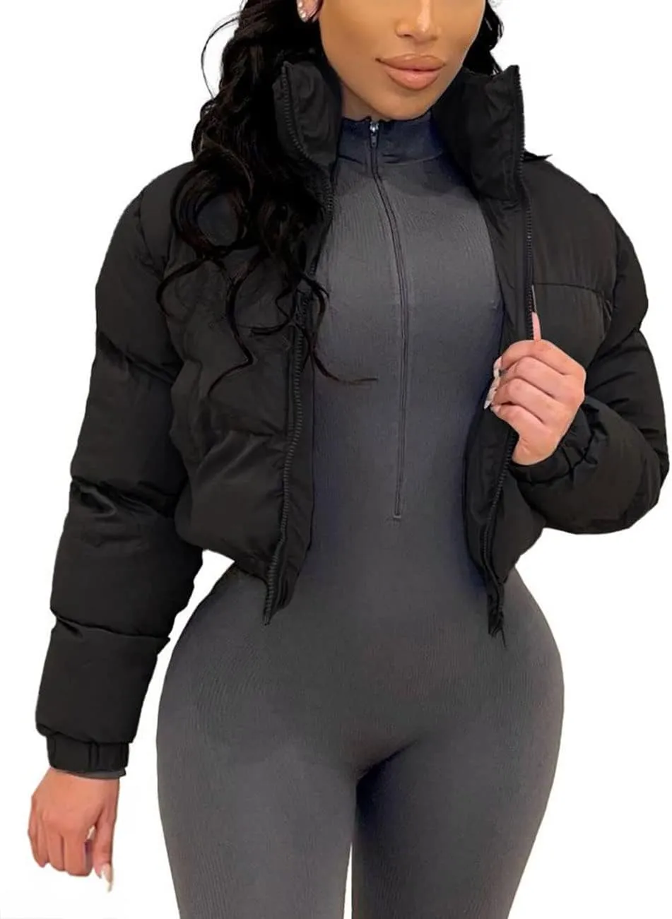 Angsuttc Puffer Jacket Womens Cropped Zip Up Padding Warm Quilted Jackets Winter Coats