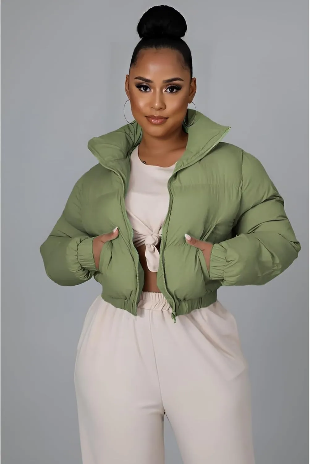 Angsuttc Puffer Jacket Womens Cropped Zip Up Padding Warm Quilted Jackets Winter Coats
