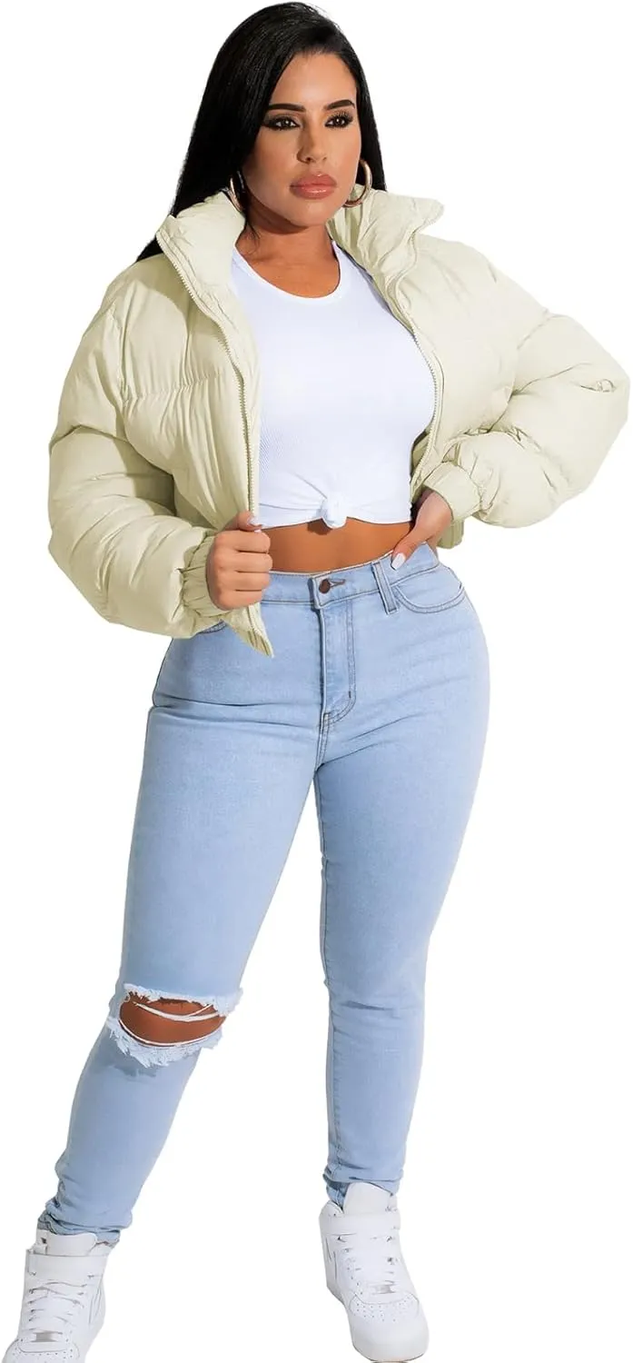 Angsuttc Puffer Jacket Womens Cropped Zip Up Padding Warm Quilted Jackets Winter Coats