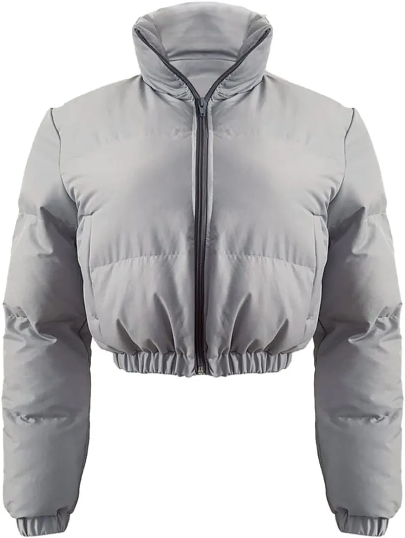Angsuttc Puffer Jacket Womens Cropped Zip Up Padding Warm Quilted Jackets Winter Coats