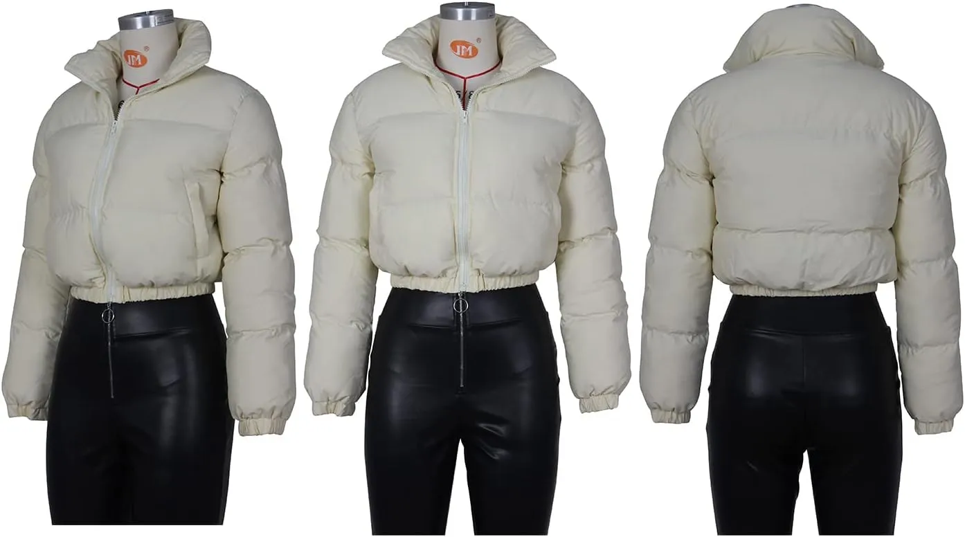 Angsuttc Puffer Jacket Womens Cropped Zip Up Padding Warm Quilted Jackets Winter Coats