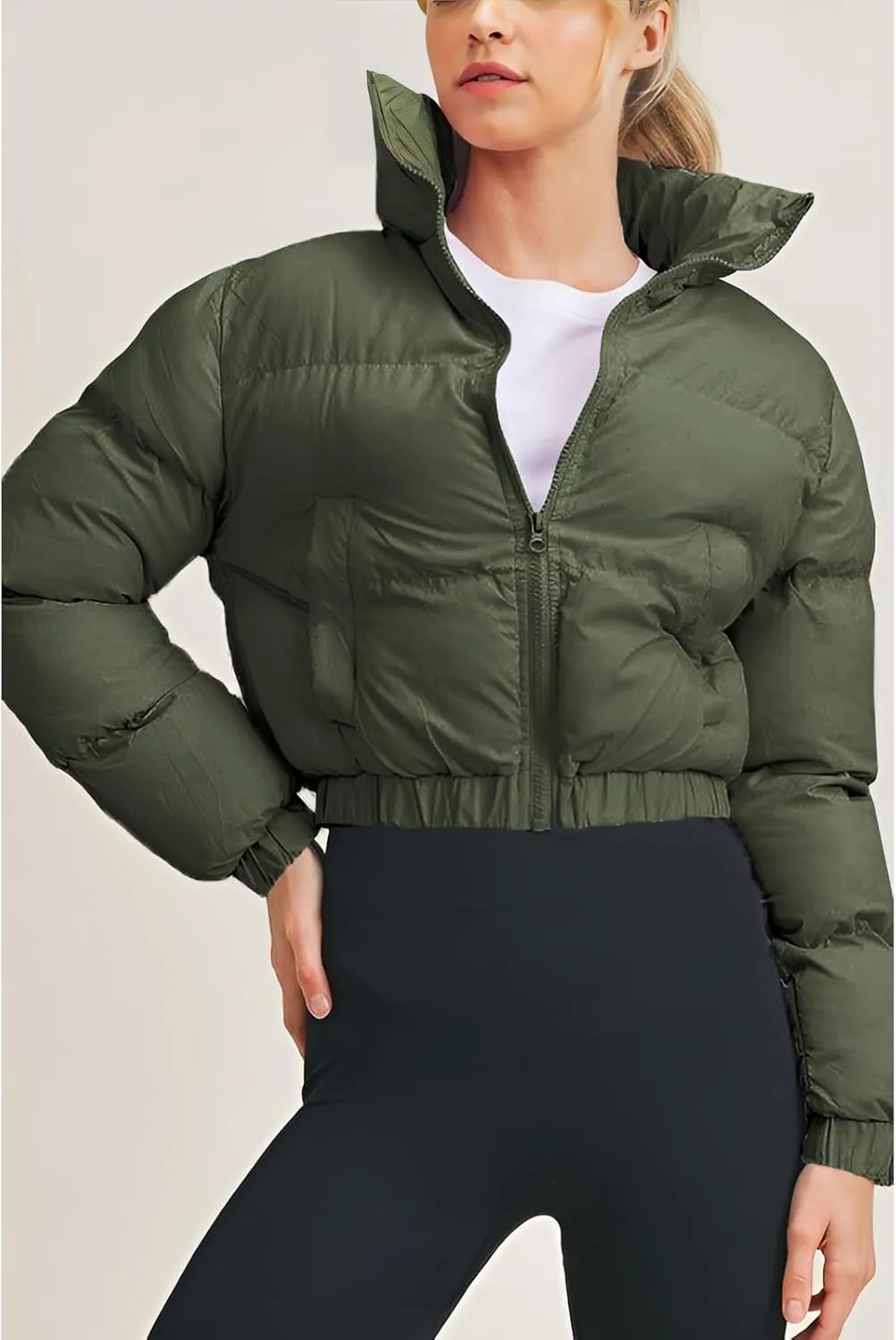Angsuttc Puffer Jacket Womens Cropped Zip Up Padding Warm Quilted Jackets Winter Coats