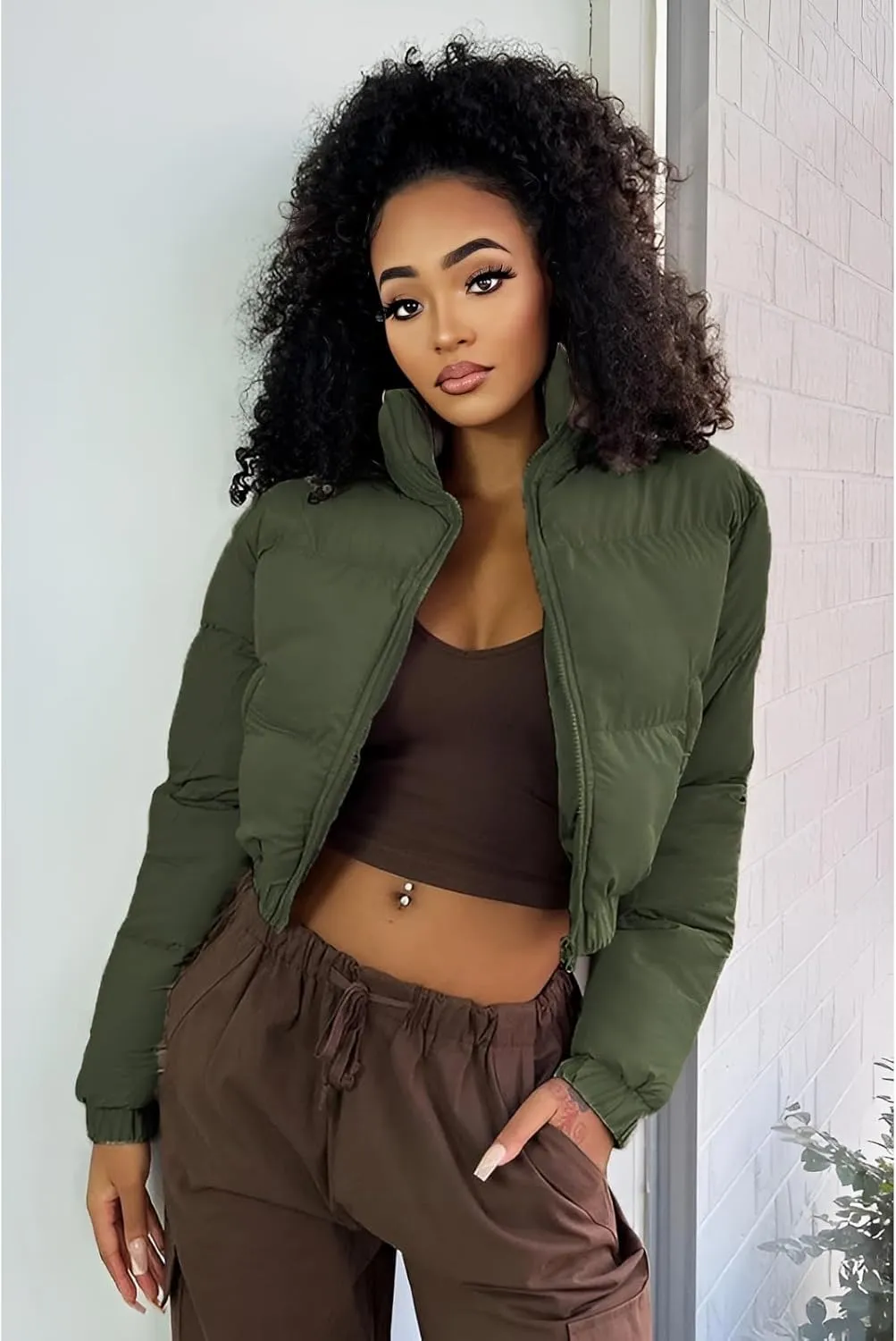 Angsuttc Puffer Jacket Womens Cropped Zip Up Padding Warm Quilted Jackets Winter Coats