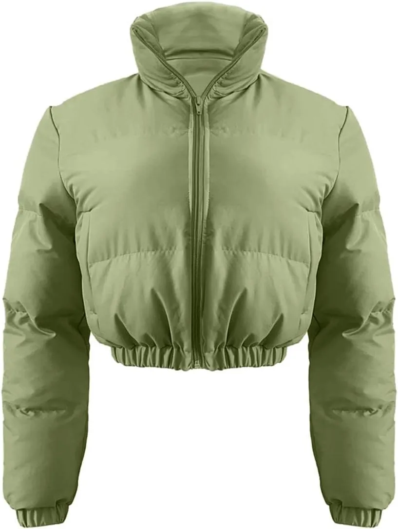 Angsuttc Puffer Jacket Womens Cropped Zip Up Padding Warm Quilted Jackets Winter Coats