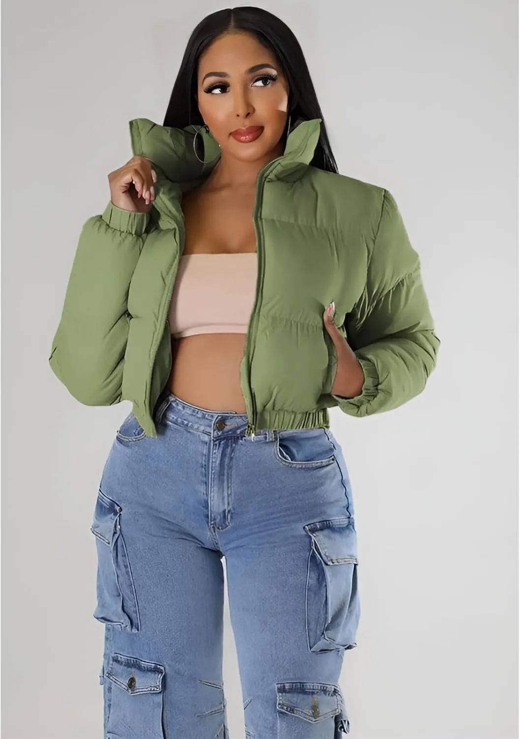 Angsuttc Puffer Jacket Womens Cropped Zip Up Padding Warm Quilted Jackets Winter Coats