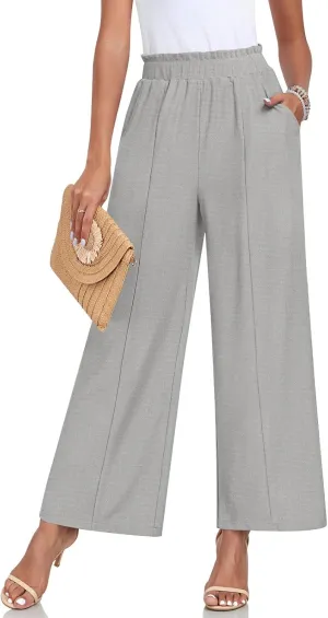 Anyally Womens Loose Wide Leg Pants Business Casual Elastic Waisted Palazzo Harem Pants with Pockets Work Trousers, XL Light Grey