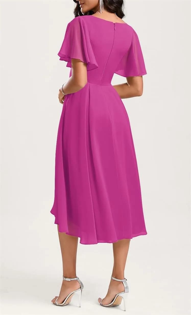 ANYSWBKN Knee Length Bridesmaid Prom Dresses for Juniors V-Neck Pleated Chiffon Evening Formal Gala Garden Gown