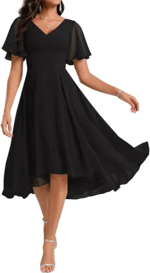 ANYSWBKN Knee Length Bridesmaid Prom Dresses for Juniors V-Neck Pleated Chiffon Evening Formal Gala Garden Gown