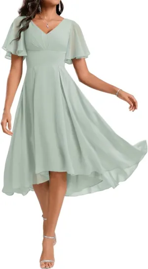 ANYSWBKN Knee Length Bridesmaid Prom Dresses for Juniors V-Neck Pleated Chiffon Evening Formal Gala Garden Gown