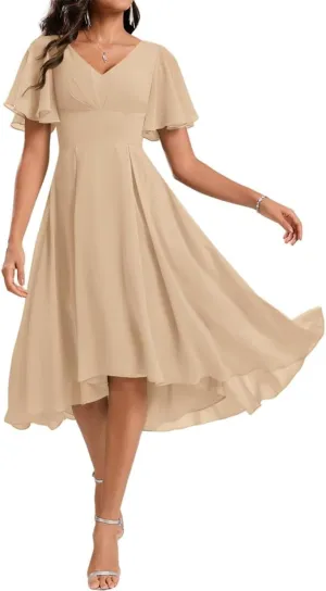 ANYSWBKN Knee Length Bridesmaid Prom Dresses for Juniors V-Neck Pleated Chiffon Evening Formal Gala Garden Gown