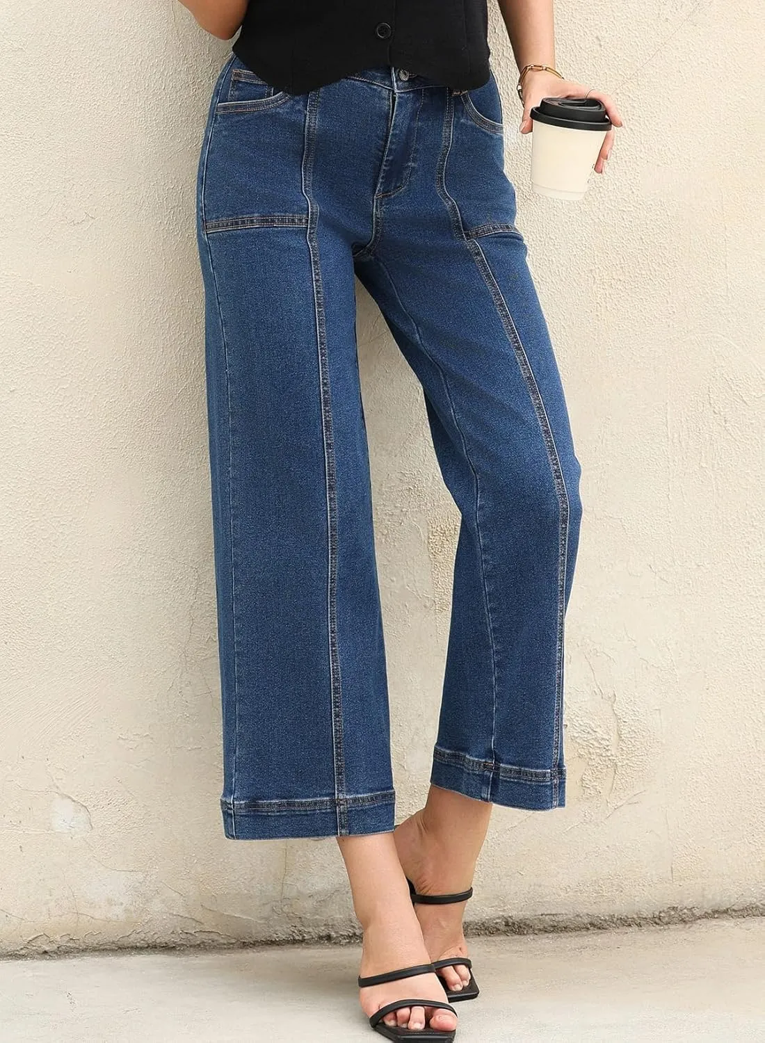 Astylish Womens High Waisted Wide Leg Jeans Cropped Straight Leg Denim Pants