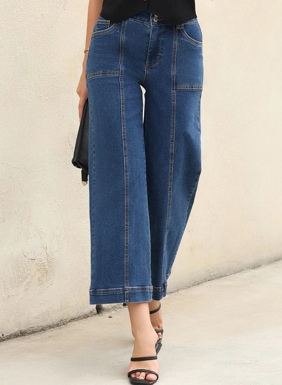 Astylish Womens High Waisted Wide Leg Jeans Cropped Straight Leg Denim Pants