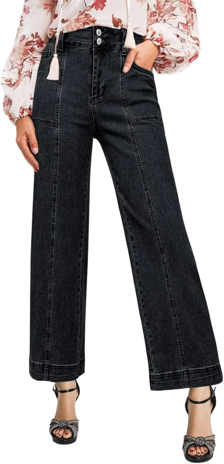 Astylish Womens High Waisted Wide Leg Jeans Cropped Straight Leg Denim Pants