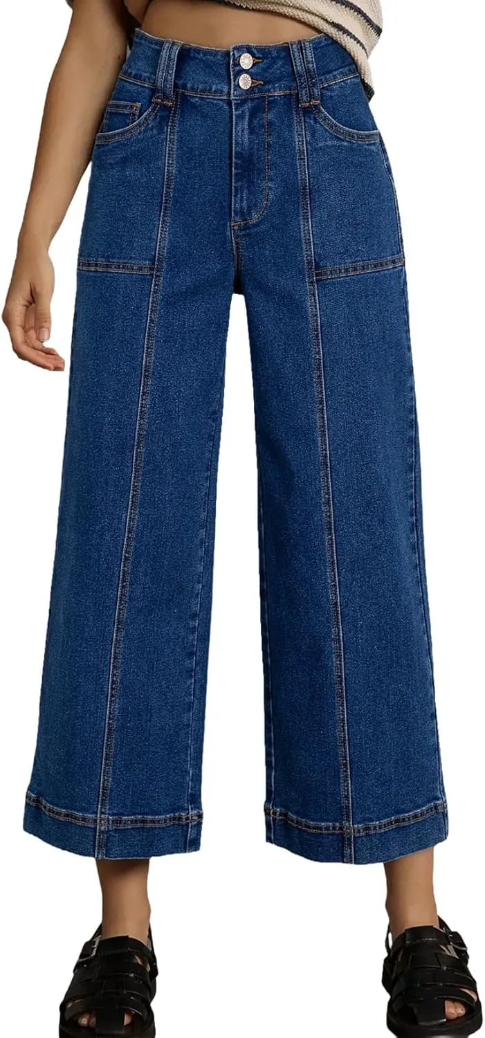 Astylish Womens High Waisted Wide Leg Jeans Cropped Straight Leg Denim Pants