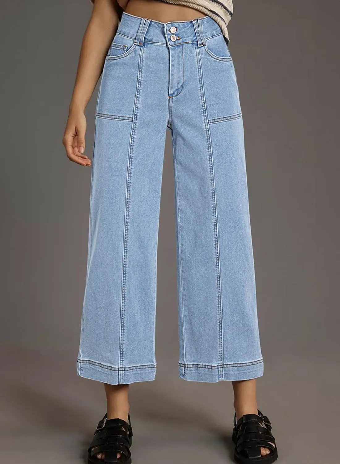 Astylish Womens High Waisted Wide Leg Jeans Cropped Straight Leg Denim Pants