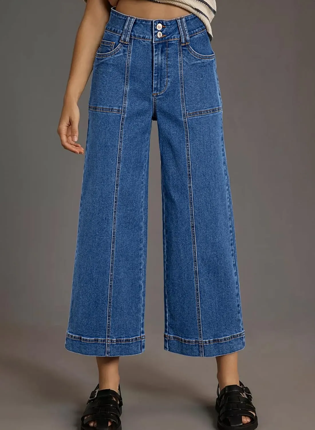 Astylish Womens High Waisted Wide Leg Jeans Cropped Straight Leg Denim Pants