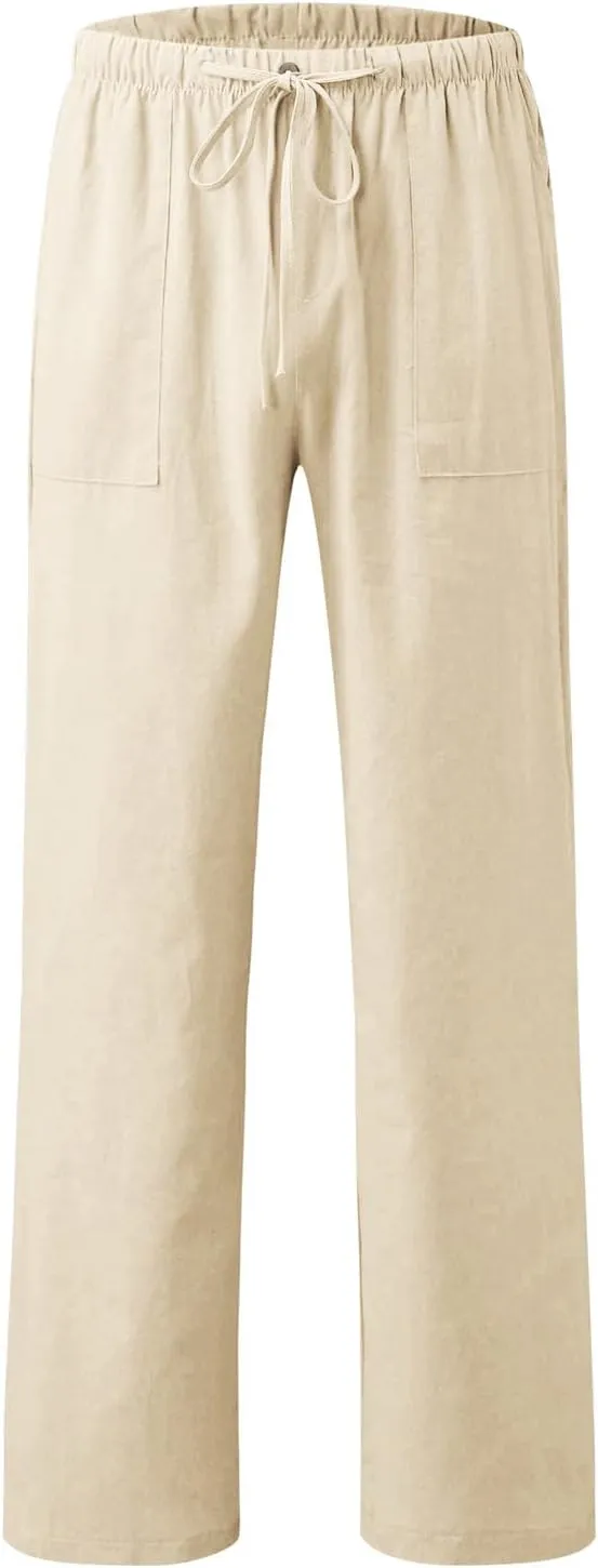 Athletic Pants for Men Linen Yoga Beach Loose Pant Casual Summer Elastic Waist Drawstring Trousers with Pockets