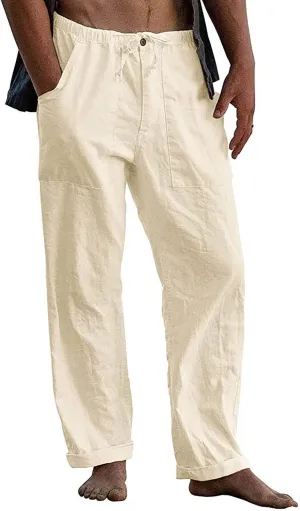 Athletic Pants for Men Linen Yoga Beach Loose Pant Casual Summer Elastic Waist Drawstring Trousers with Pockets