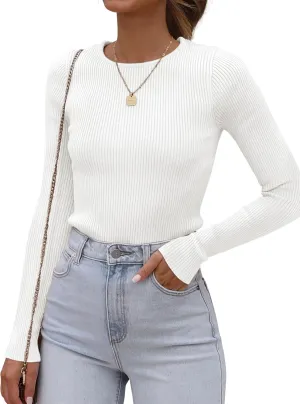 ATHMILE Womens Ribbed Knit T Shirt Casual Crewneck Tops Short Sleeve/Long Sleeve Sweaters Slim Fit Basic Tees