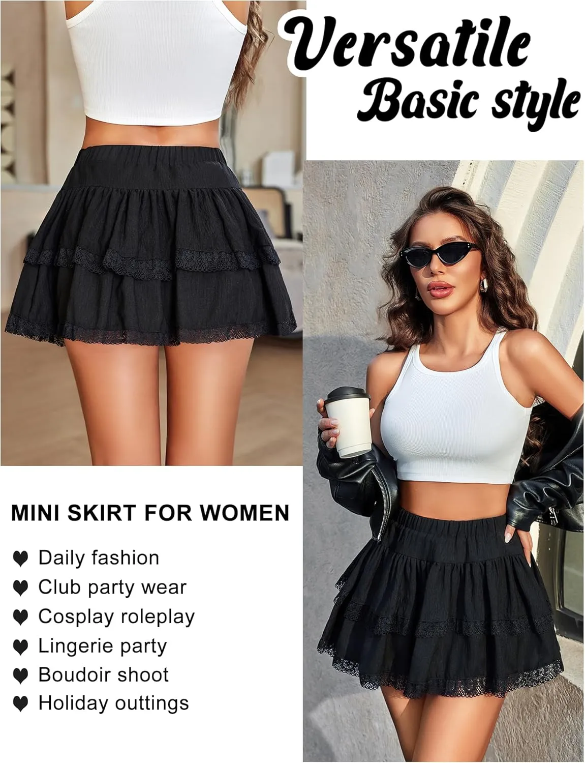 Avidlove Women's Mini Skirt Basic High Waisted Tiered Ruffles Short Lace Hem Cute Lingerie Skirts S-XXL