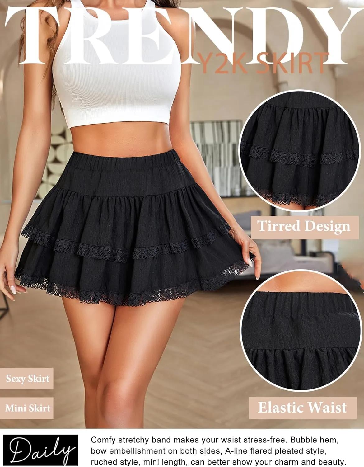 Avidlove Women's Mini Skirt Basic High Waisted Tiered Ruffles Short Lace Hem Cute Lingerie Skirts S-XXL