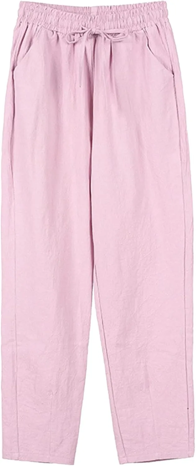 Baggy Linen Pants Waisted Cotton Palazzo Pants Wide Leg Long Pant Trousers Summer Fall Lounge Plain Drawstring