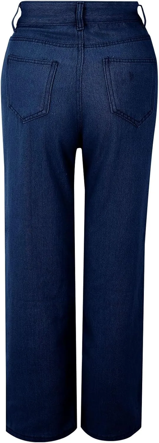 Baggy Pants for Women 2025 Trendy Soild Color Stretchy Wide Leg Jeans y2k Plus Size High Waisted Trousers with Pockets