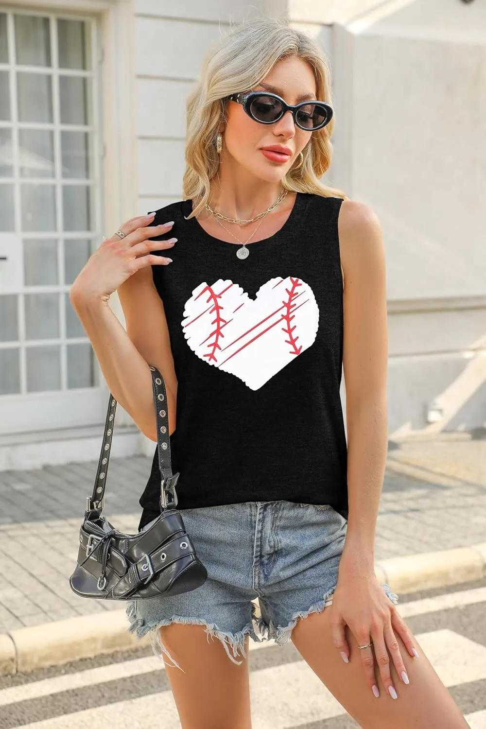 Baseball Tank Tops for Women Baseball Mom Shirt Baseball Heart Graphic Tee Game Day Gifts Casual Short Sleeve Tops