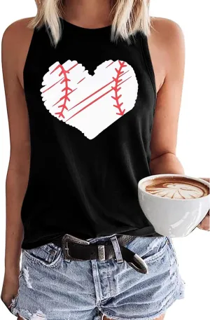 Baseball Tank Tops for Women Baseball Mom Shirt Baseball Heart Graphic Tee Game Day Gifts Casual Short Sleeve Tops