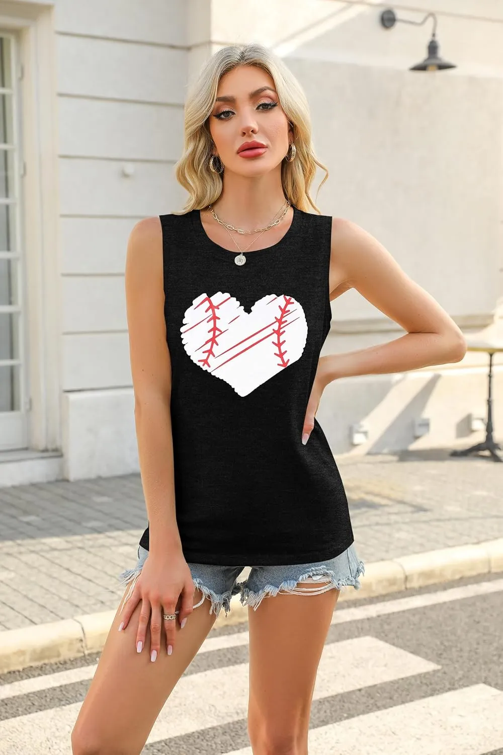 Baseball Tank Tops for Women Baseball Mom Shirt Baseball Heart Graphic Tee Game Day Gifts Casual Short Sleeve Tops