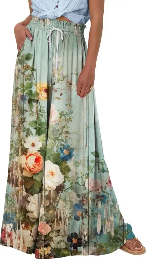 Basysin Flowy Pants for Women Summer Wide Leg Palazzo Pants High Waist Pockets Floral Print Casual Lounge Boho Beach Trousers