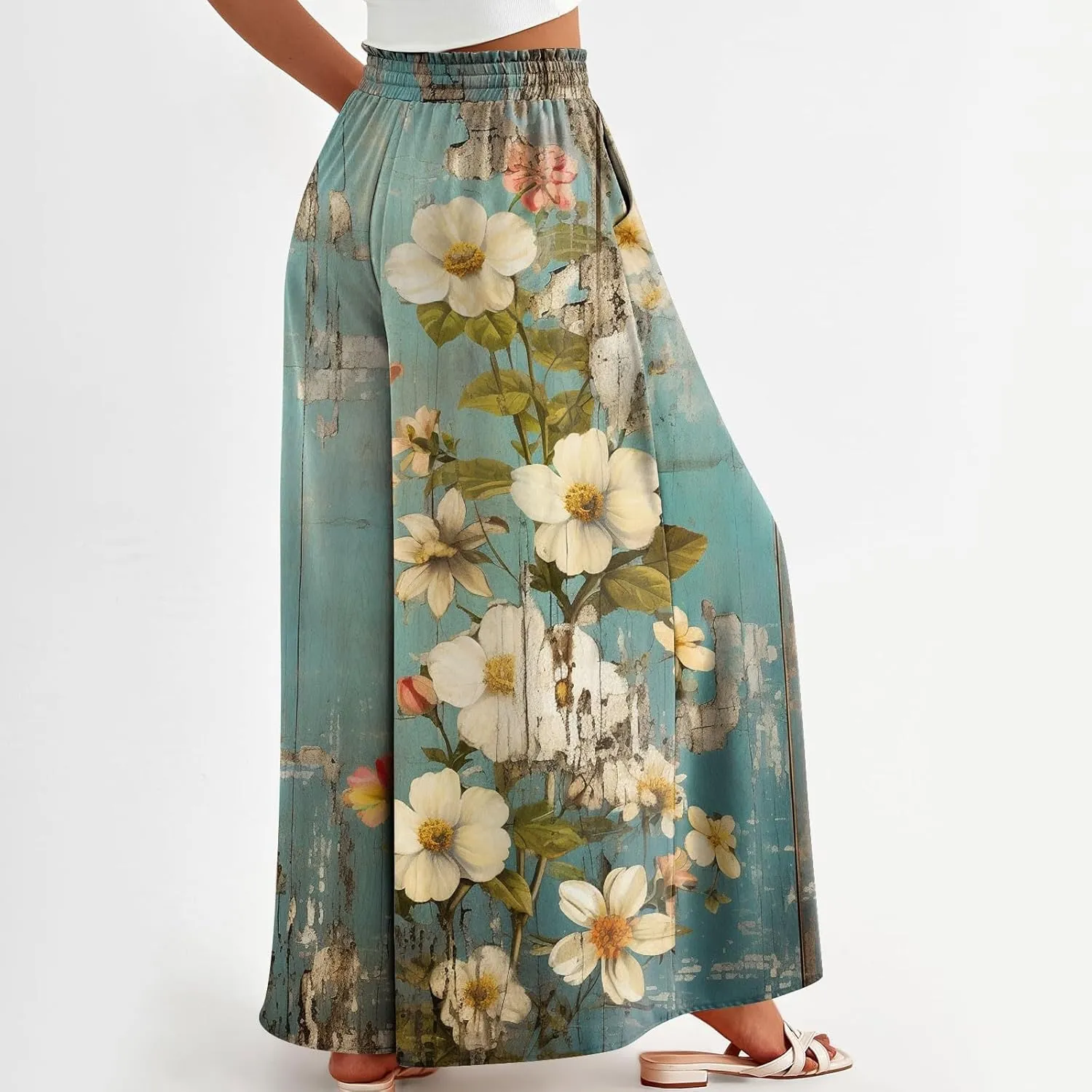 Basysin Flowy Pants for Women Summer Wide Leg Palazzo Pants High Waist Pockets Floral Print Casual Lounge Boho Beach Trousers