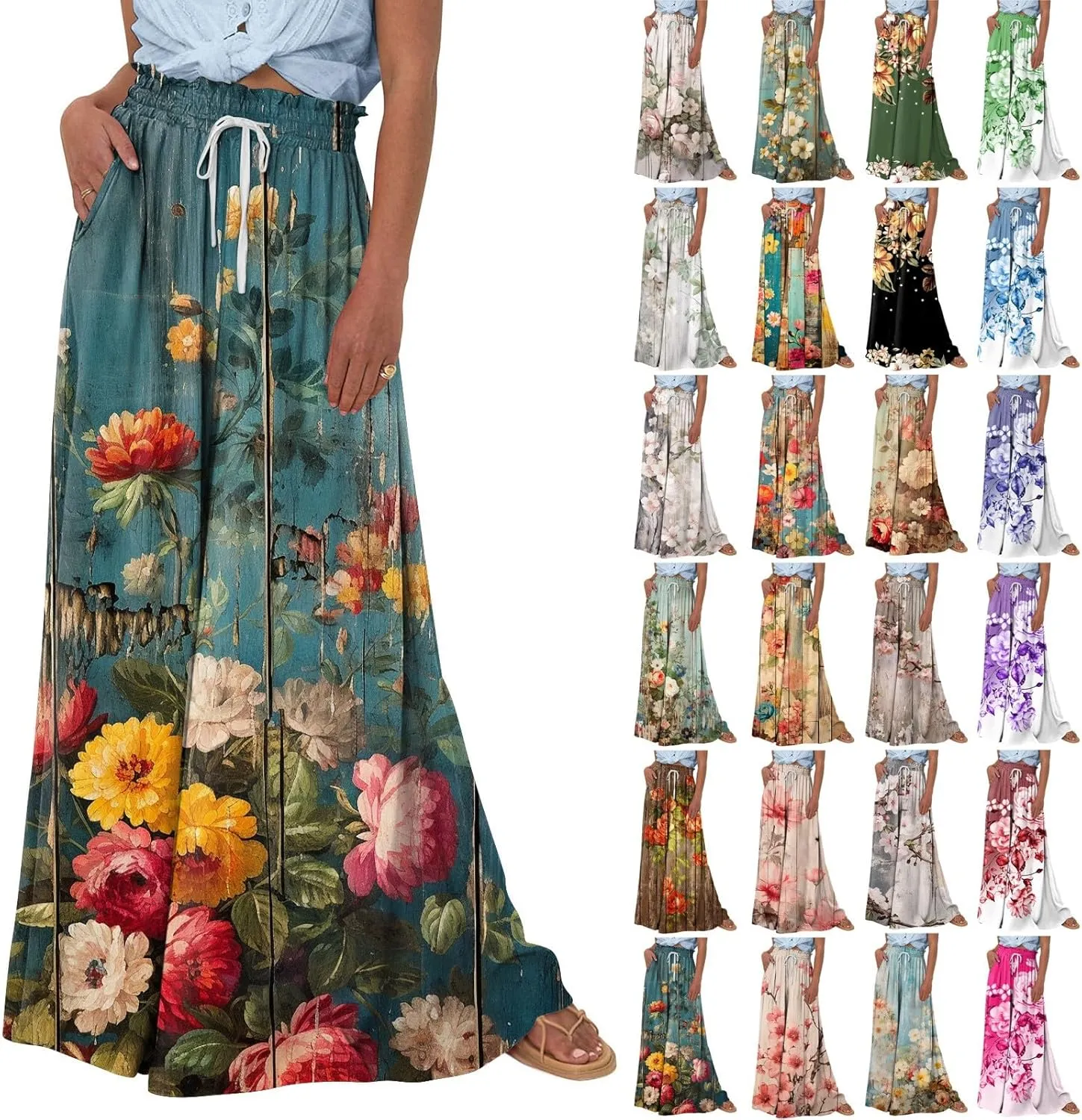 Basysin Flowy Pants for Women Summer Wide Leg Palazzo Pants High Waist Pockets Floral Print Casual Lounge Boho Beach Trousers