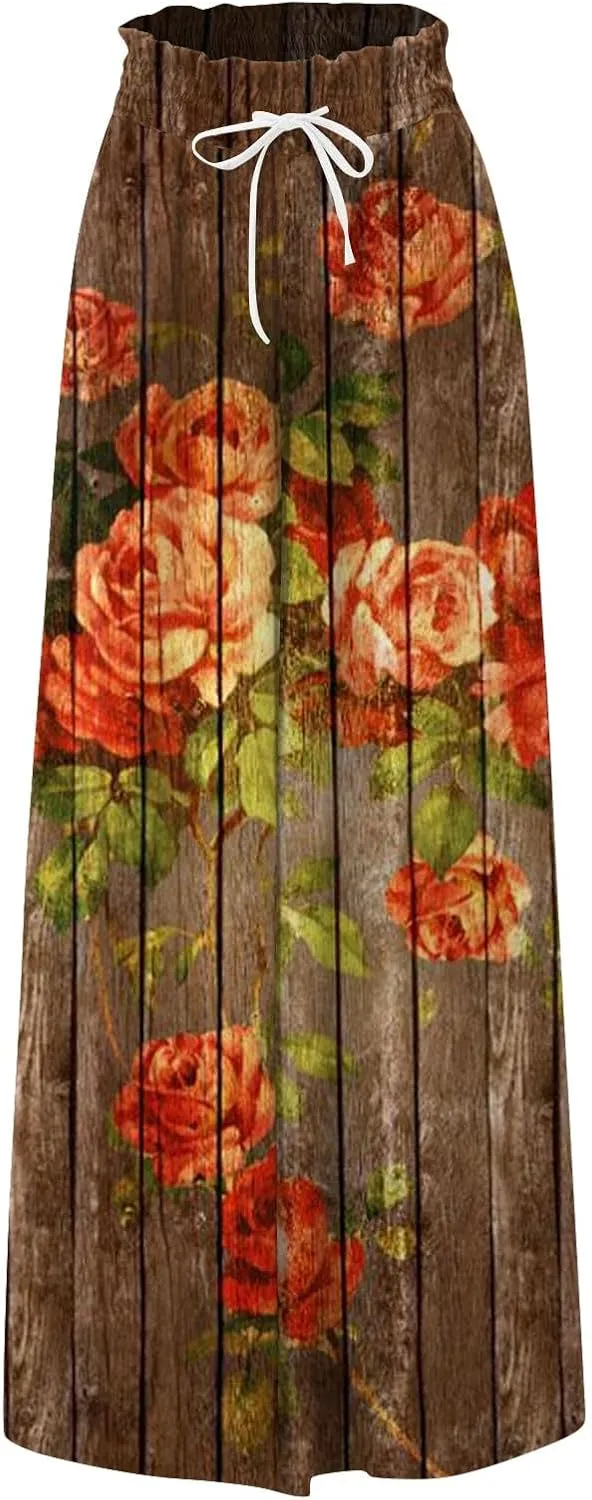 Basysin Flowy Pants for Women Summer Wide Leg Palazzo Pants High Waist Pockets Floral Print Casual Lounge Boho Beach Trousers