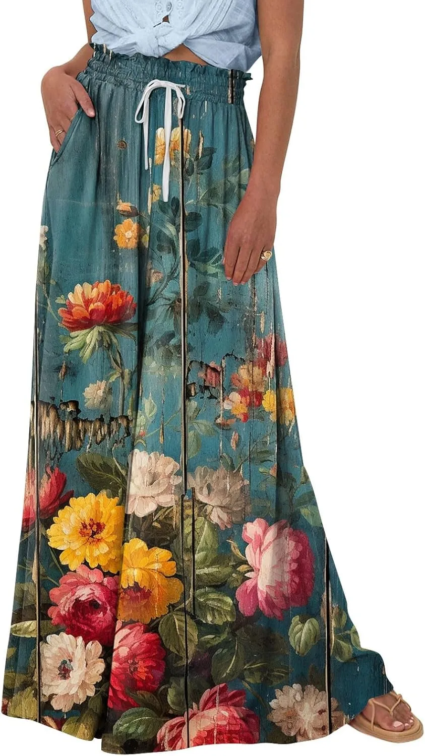 Basysin Flowy Pants for Women Summer Wide Leg Palazzo Pants High Waist Pockets Floral Print Casual Lounge Boho Beach Trousers