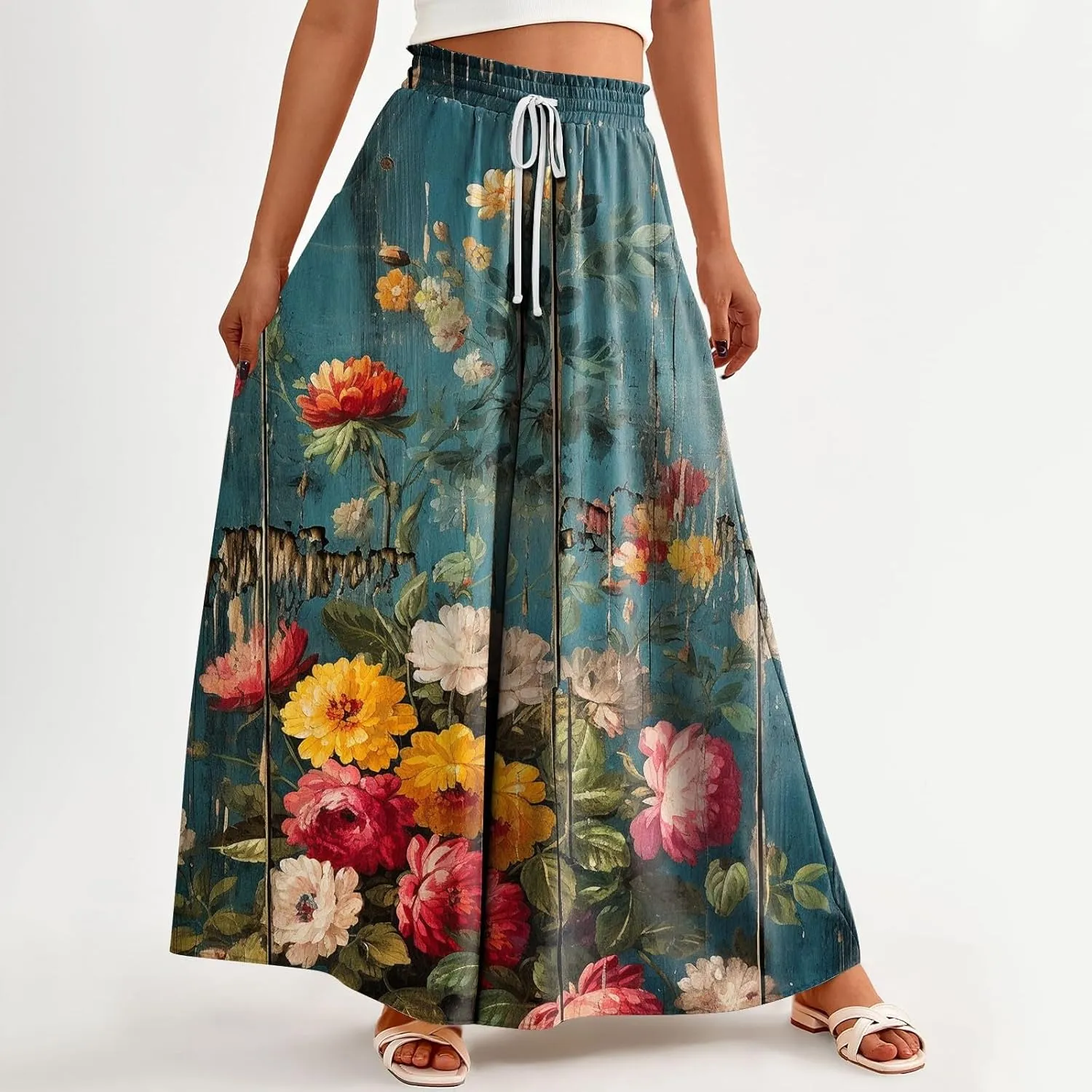Basysin Flowy Pants for Women Summer Wide Leg Palazzo Pants High Waist Pockets Floral Print Casual Lounge Boho Beach Trousers