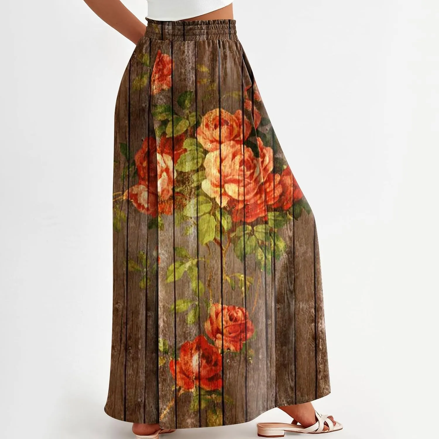 Basysin Flowy Pants for Women Summer Wide Leg Palazzo Pants High Waist Pockets Floral Print Casual Lounge Boho Beach Trousers