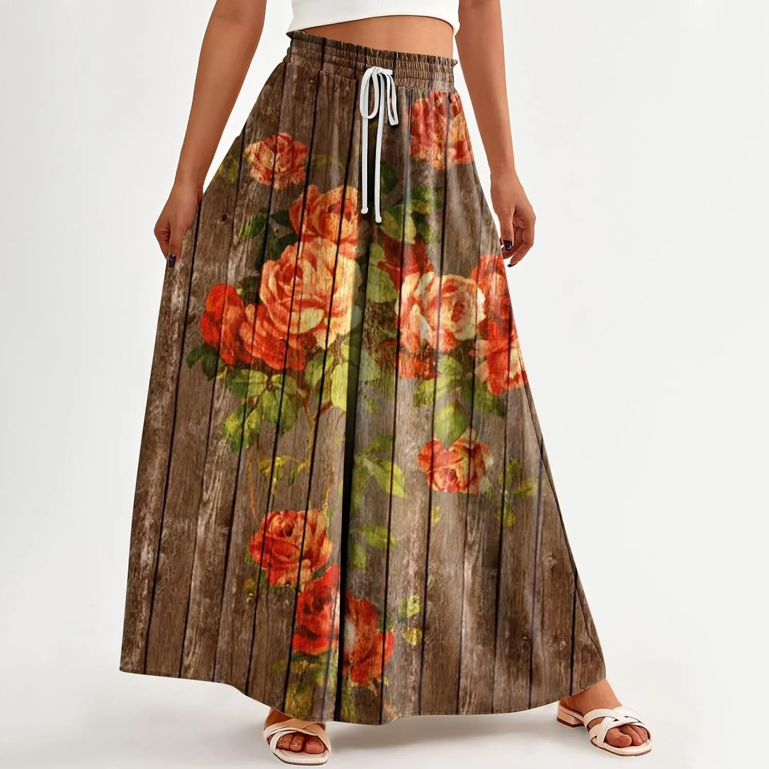 Basysin Flowy Pants for Women Summer Wide Leg Palazzo Pants High Waist Pockets Floral Print Casual Lounge Boho Beach Trousers