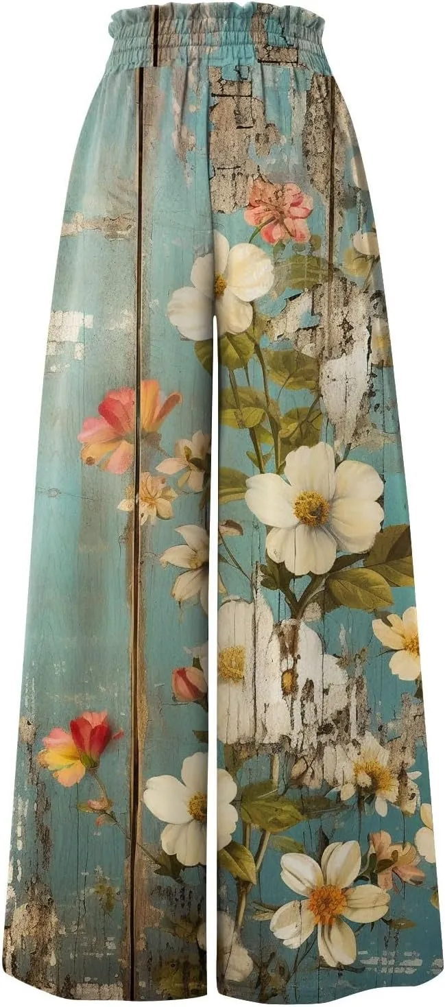 Basysin Flowy Pants for Women Summer Wide Leg Palazzo Pants High Waist Pockets Floral Print Casual Lounge Boho Beach Trousers