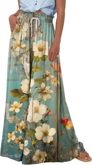Basysin Flowy Pants for Women Summer Wide Leg Palazzo Pants High Waist Pockets Floral Print Casual Lounge Boho Beach Trousers